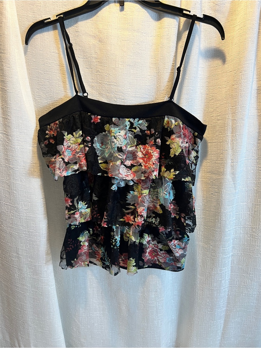 Black Floral Lace Tiered Ruffle Cami Top SIZE MEDIUM